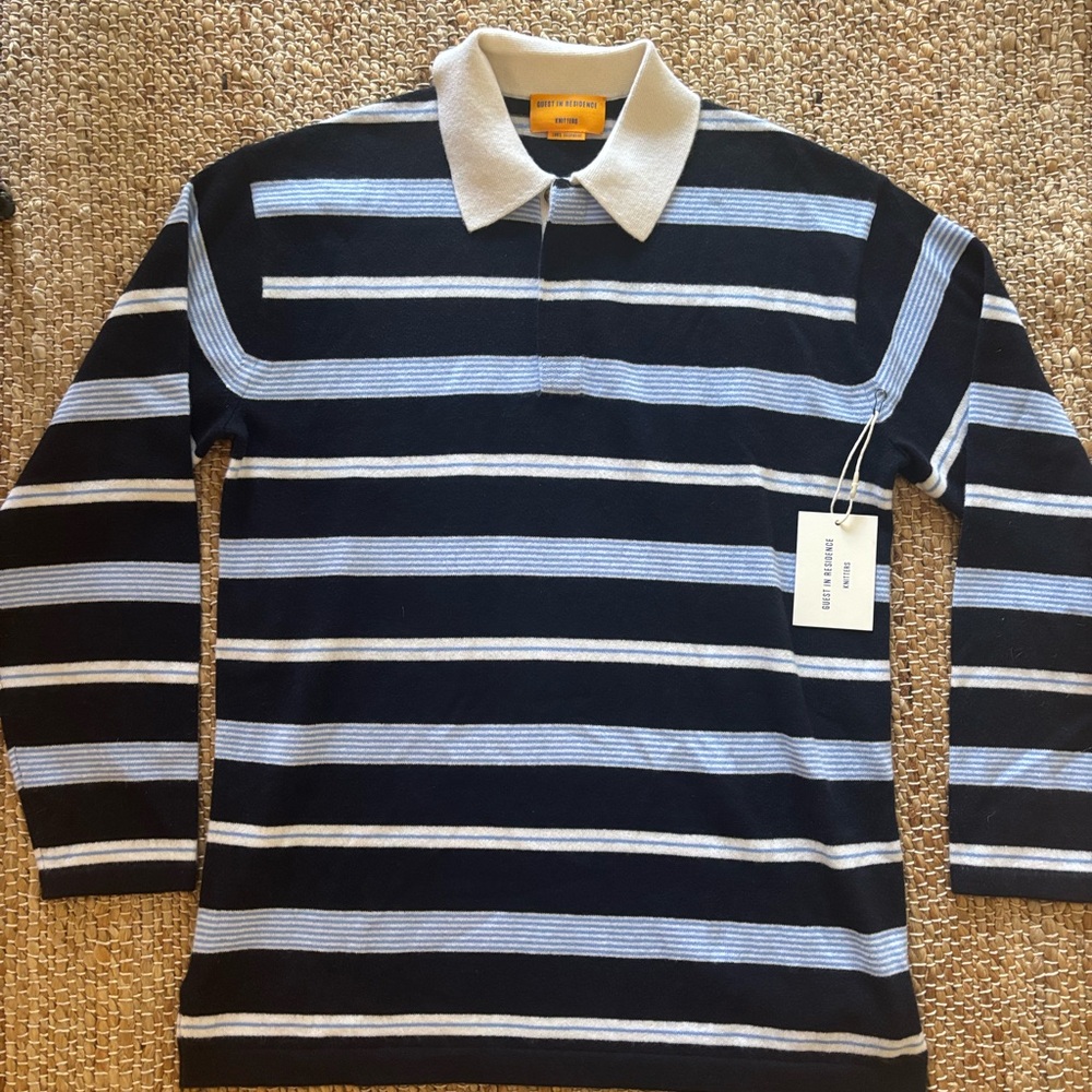 Guest in Residence navy striped rugby cashmere polo